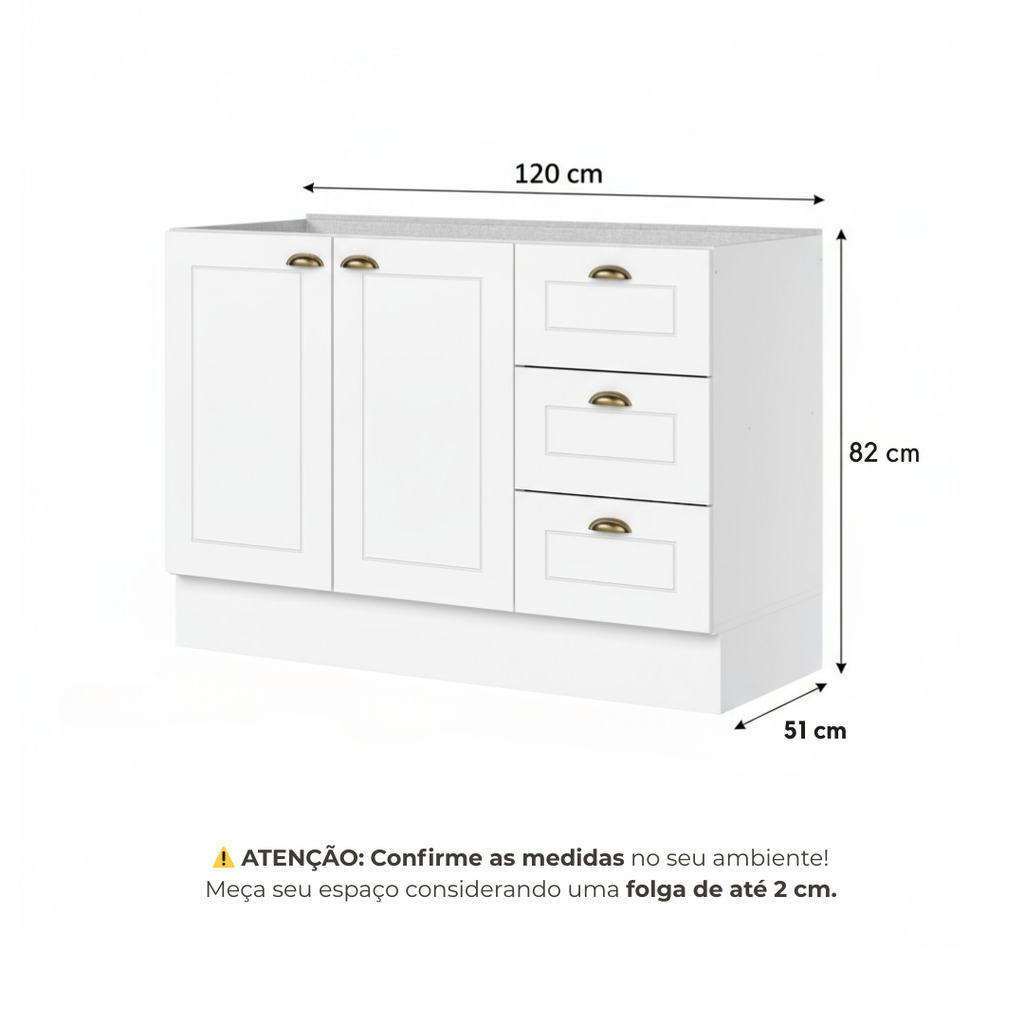 Balcão para Pia 2 Portas 3 Gavetas MDF 120cm Emily Espresso Henn Branco HP