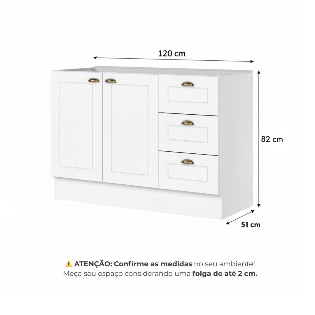 Balcão para Pia 2 Portas 3 Gavetas MDF 120cm Emily Espresso Henn Branco HP