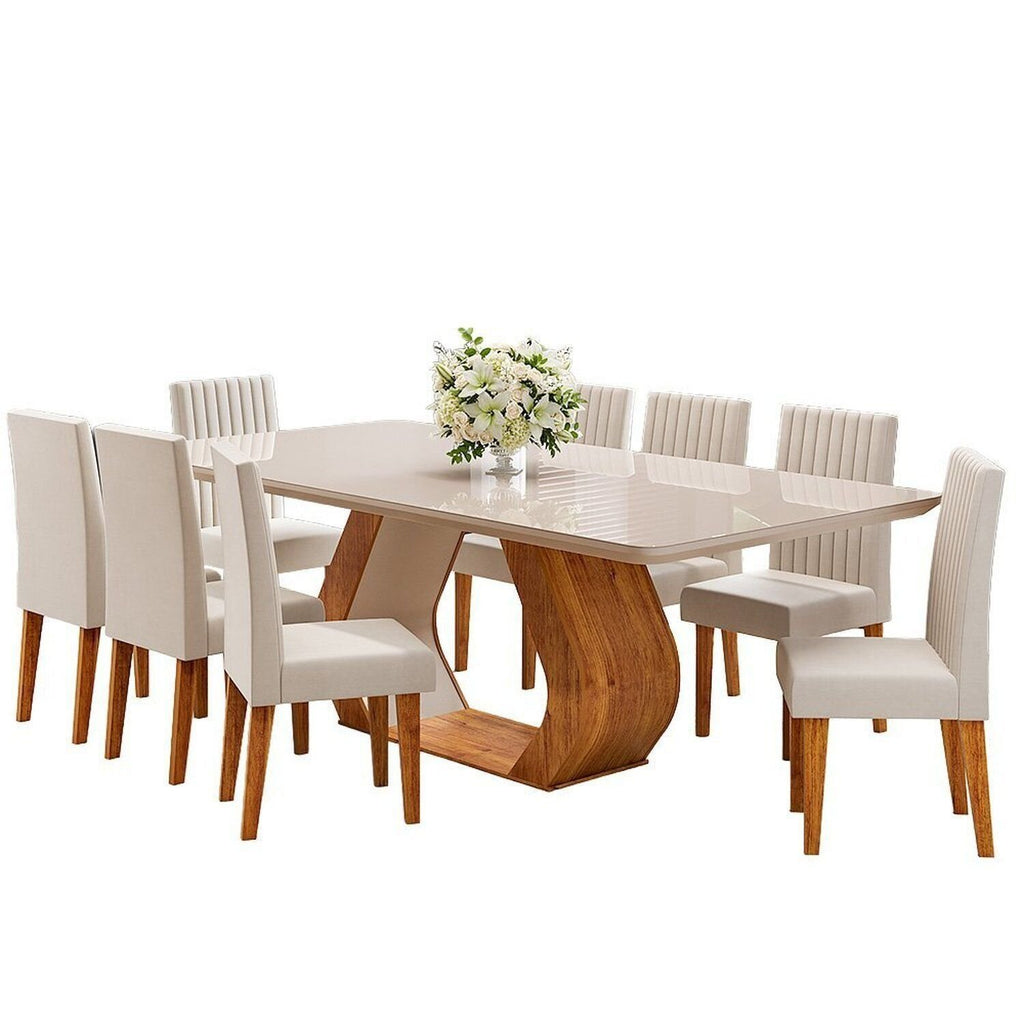 Conjunto Sala de Jantar Mesa Retangular Tampo Vidro e MDF com 8 Cadeiras Renova Yescasa