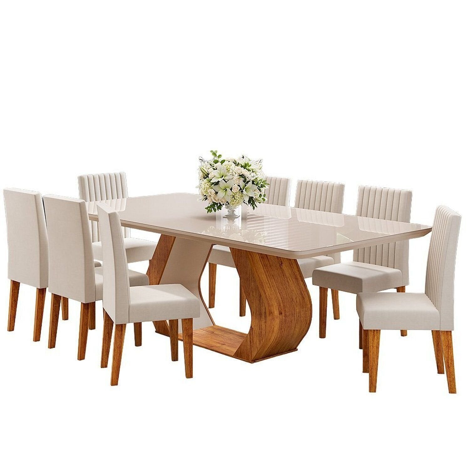 Conjunto Sala de Jantar Mesa Retangular Tampo Vidro e MDF com 8 Cadeiras Renova Yescasa