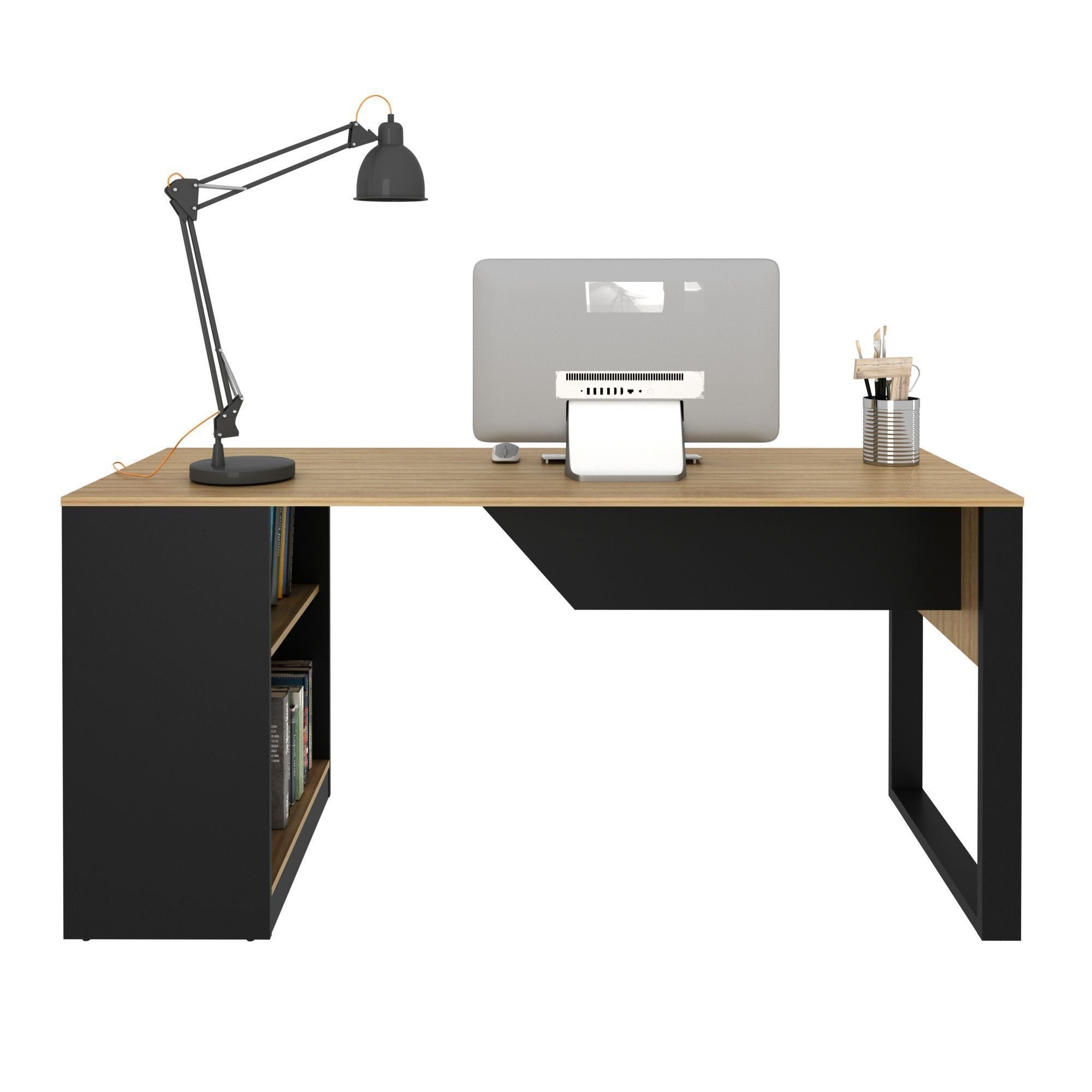 Escrivaninha Mesa Escritório 160cm Amêndoa e Preto Marrom Tecno Mobili ME4182