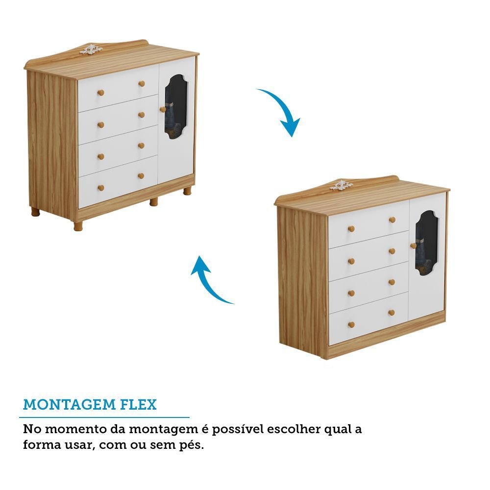 Cômoda de Bebê 120,3cm 1 Porta com Janela e 4 Gavetas Maya Provençal Yescasa Branco/Brilho/Amêndoa