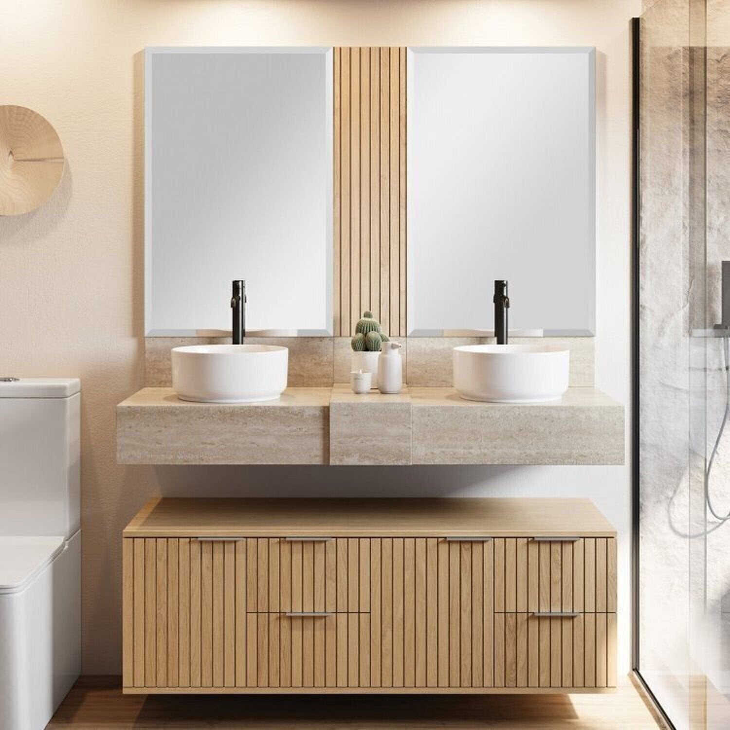 Conjunto para Banheiro Bancada Porcelanato Cuba Apoio Armário Espelho Ripy Bumi 120cm Amarelo/Wood/Travertino