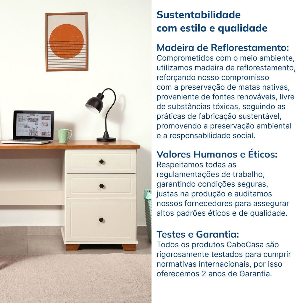 Escrivaninha Mesa Escritório Pinus Ananda 3 Gavetas 150cm CabeCasa MadeiraOriginals Off-White e Mel Marrom
