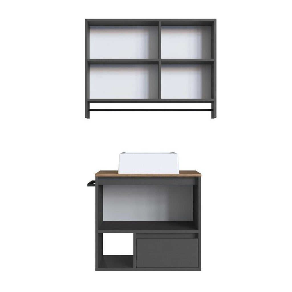 Conjunto para Banheiro Gabinete Suspenso com Cuba e Espelheira Prodecor CJ8050.20 60cm Preto/Mel/Grafite