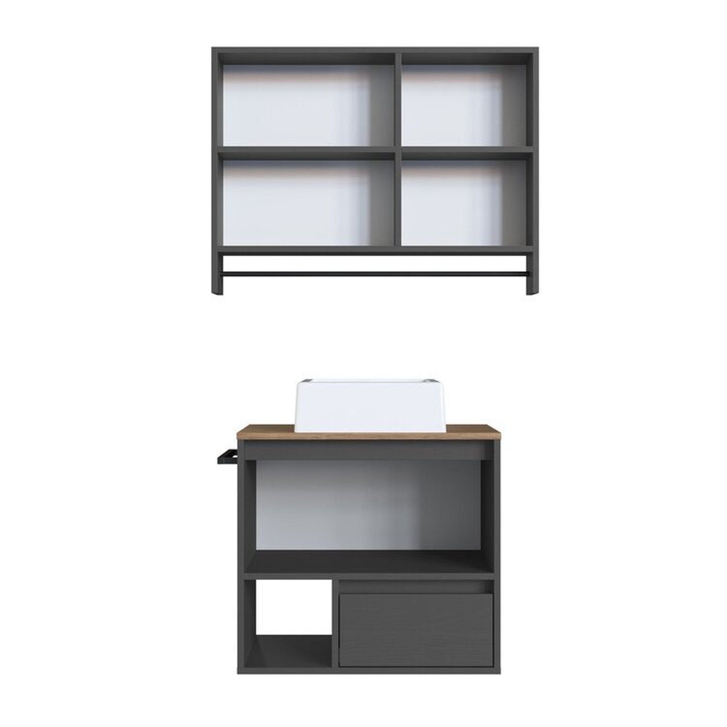 Conjunto para Banheiro Gabinete Suspenso com Cuba e Espelheira Prodecor CJ8050.20 60cm Preto/Mel/Grafite