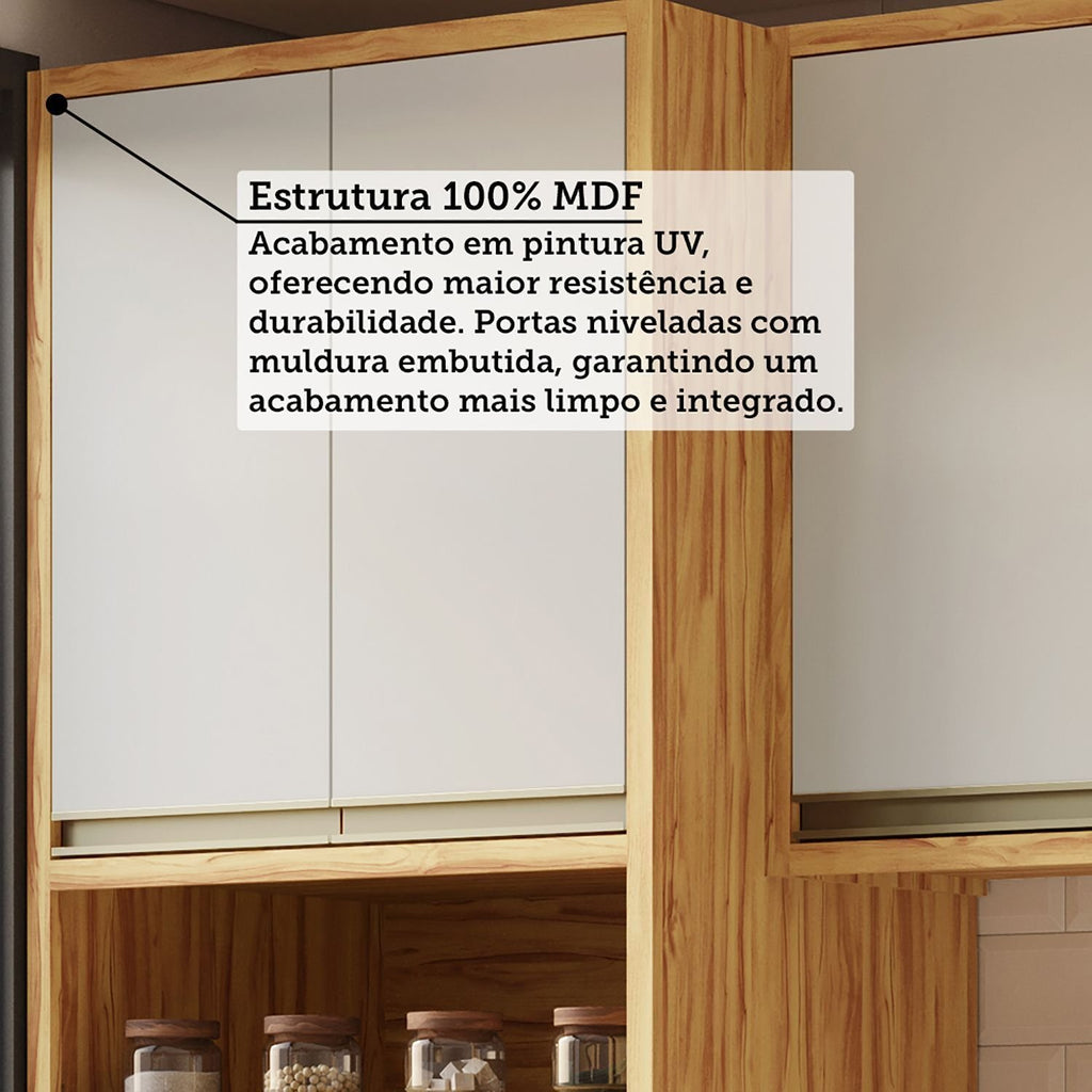 Cozinha Completa Modulada Barbados 7 Peças 16 Portas com Vidro e Tampo 100% MDF Espresso Móveis Bege/Amêndoa/Off White