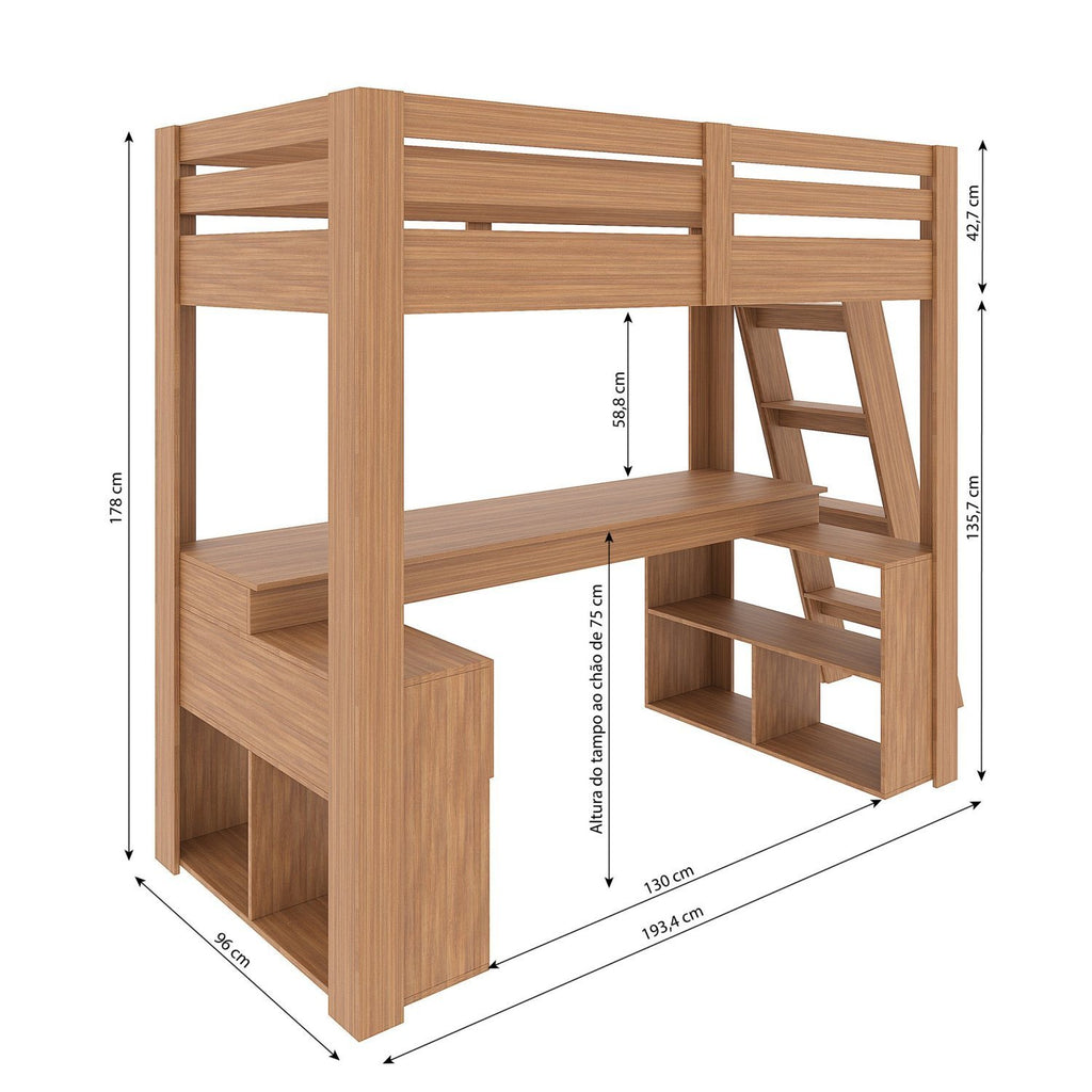 Cama Alta Beliche Office Solteiro Adulto com Escrivaninha Star Light Casatema Marrom/Freijó