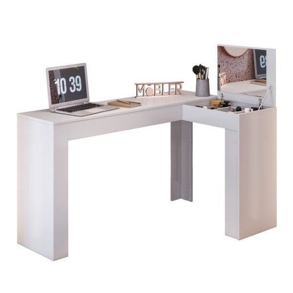 Escrivaninha Mesa Escritório Penteadeira em L Porta Objetos Jade 135,5cm Belaflex