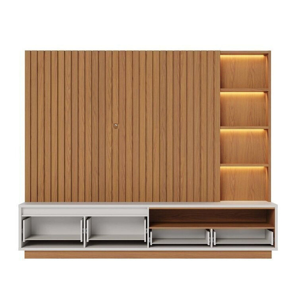 Conjunto Sala de Estar Home Theater Ripado para TV até 82 Polegadas 240cm com LED Cristaleira e Buffet 4 Portas Colibri Marrom Freijó/Off White Matte