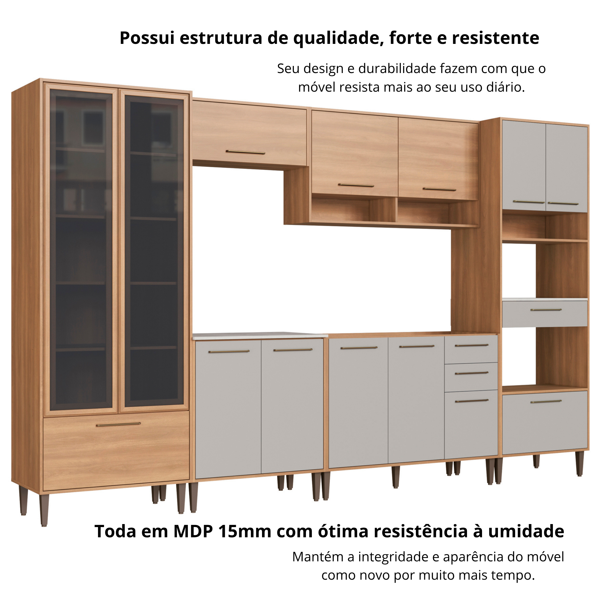 Cozinha Modulada Completa 6 Peças Cristaleira 12 Portas 3 Gavetas Jade Marrom/Freijó/Arenas Delmarco Móveis