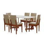 Conjunto Mesa com Vidro Pés Madeira Maciça 6 Cadeiras Madeira Dakota Tecido A40 Marrom Móveis Meneghetti