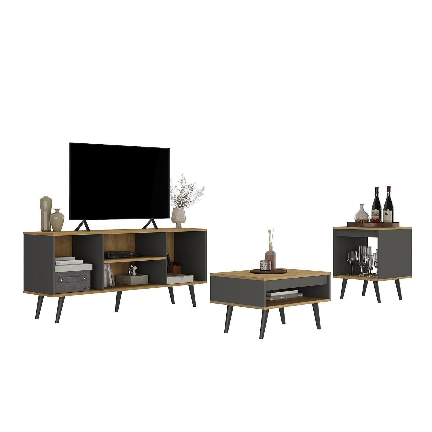 Conjunto Sala de Estar 3 Peças Rack para TV Mesa de Centro e Apoio Tóquio Ozini