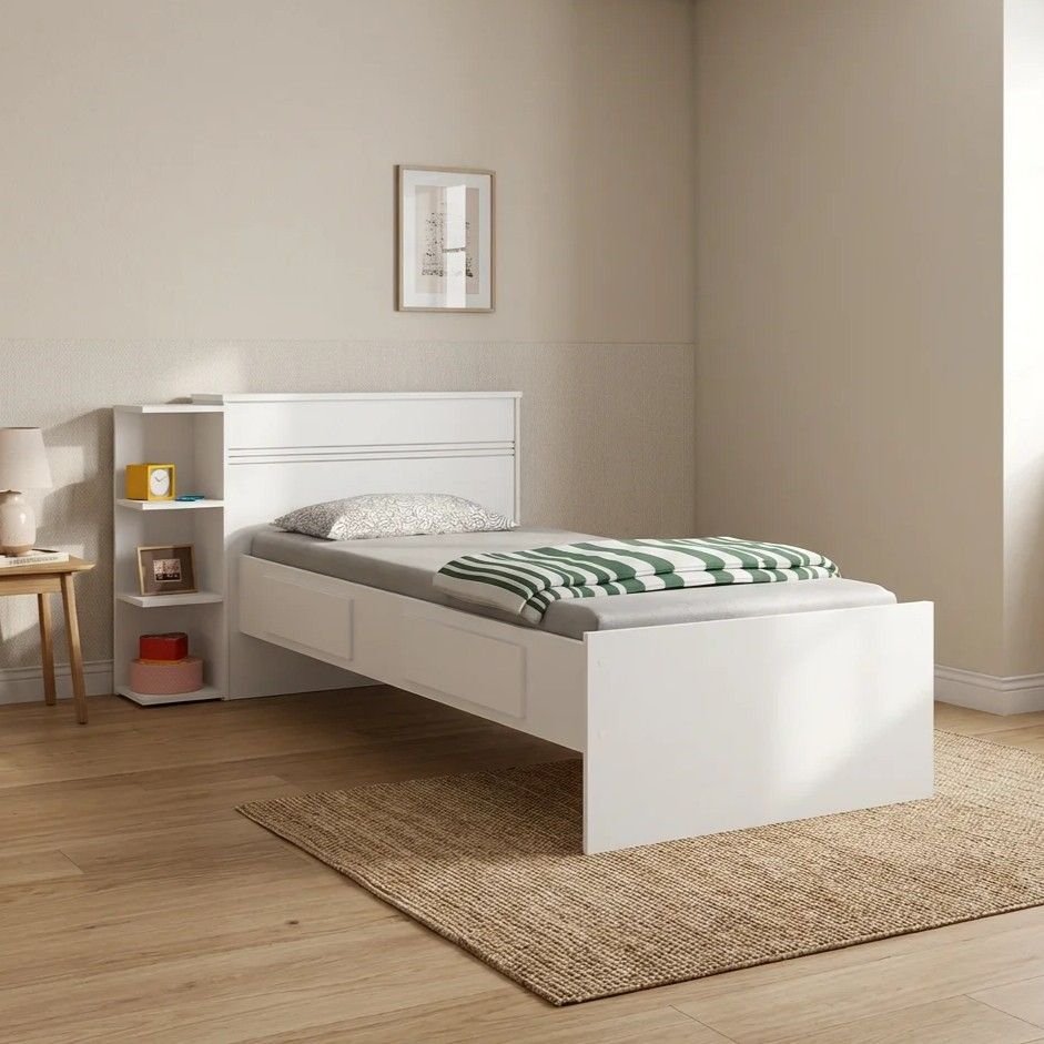 Cama Solteiro com Baú 2 Gavetas e 3 Nichos Jade J&A Móveis Branco