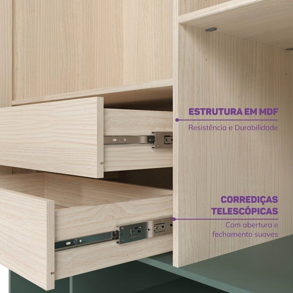 Quarto Infantil Completo Guarda-Roupa Curió Treliche Escrivaninha Estante Petit Verde/Mel Casatema