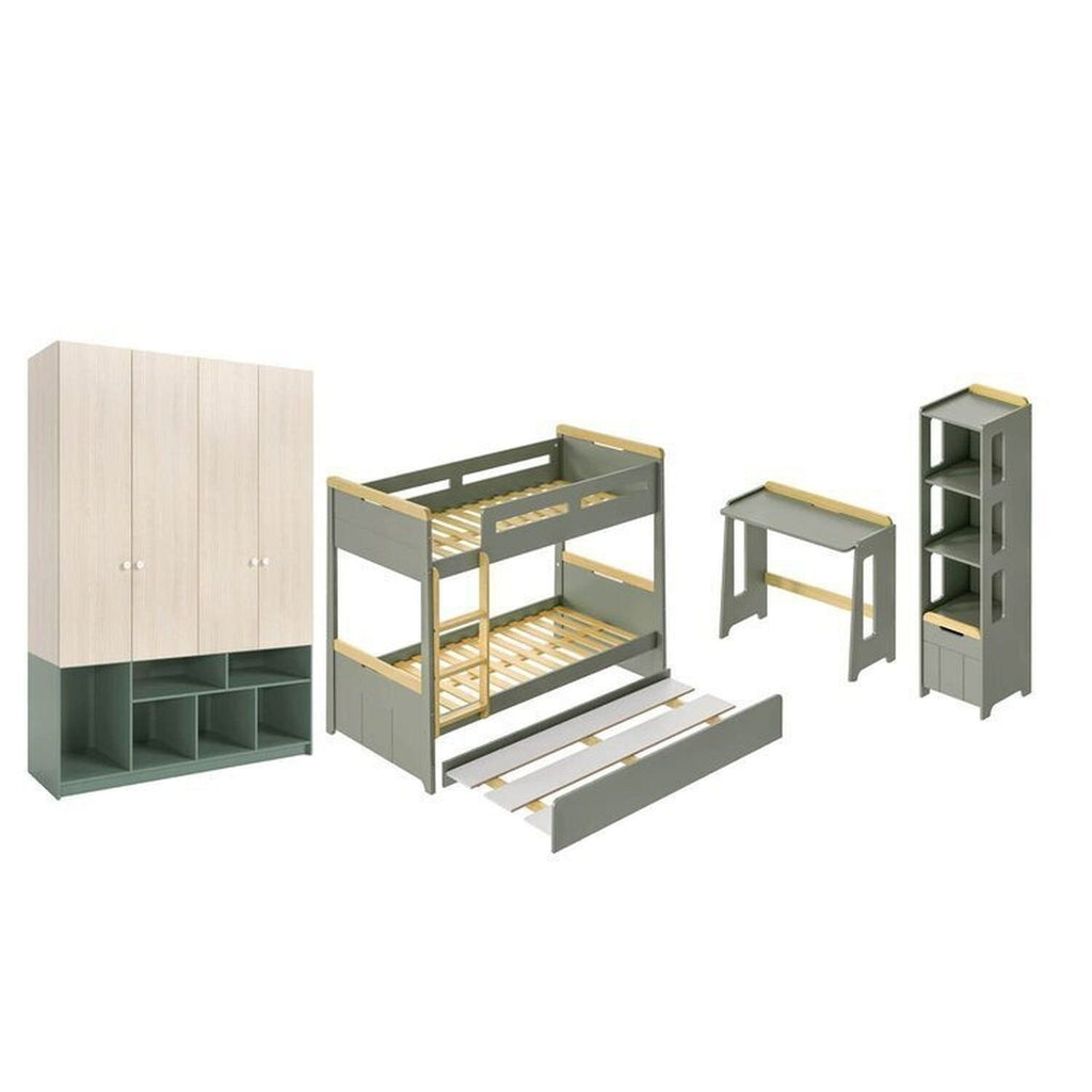 Quarto Infantil Completo Guarda-Roupa Curió Treliche Escrivaninha Estante Petit Verde/Mel Casatema