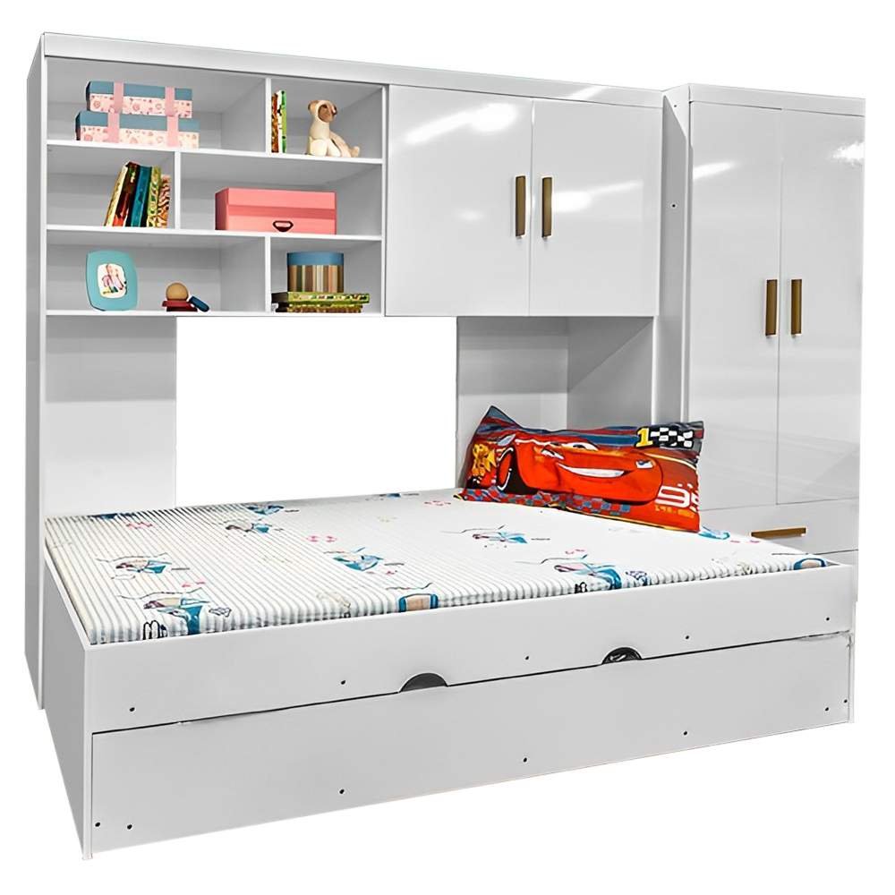Quarto Infantil Chiara 4 Peças Roupeiro 2 Portas Módulo Aéreo Cama com Auxiliar Branco Phoenix Baby