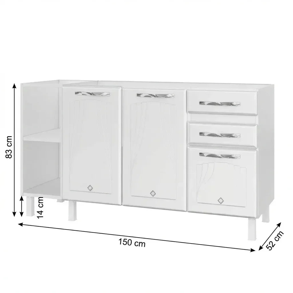 Balcão de Cozinha para Pia em Aço 2 Portas 2 Gavetas com Nichos 150cm Star New Telasul Branco