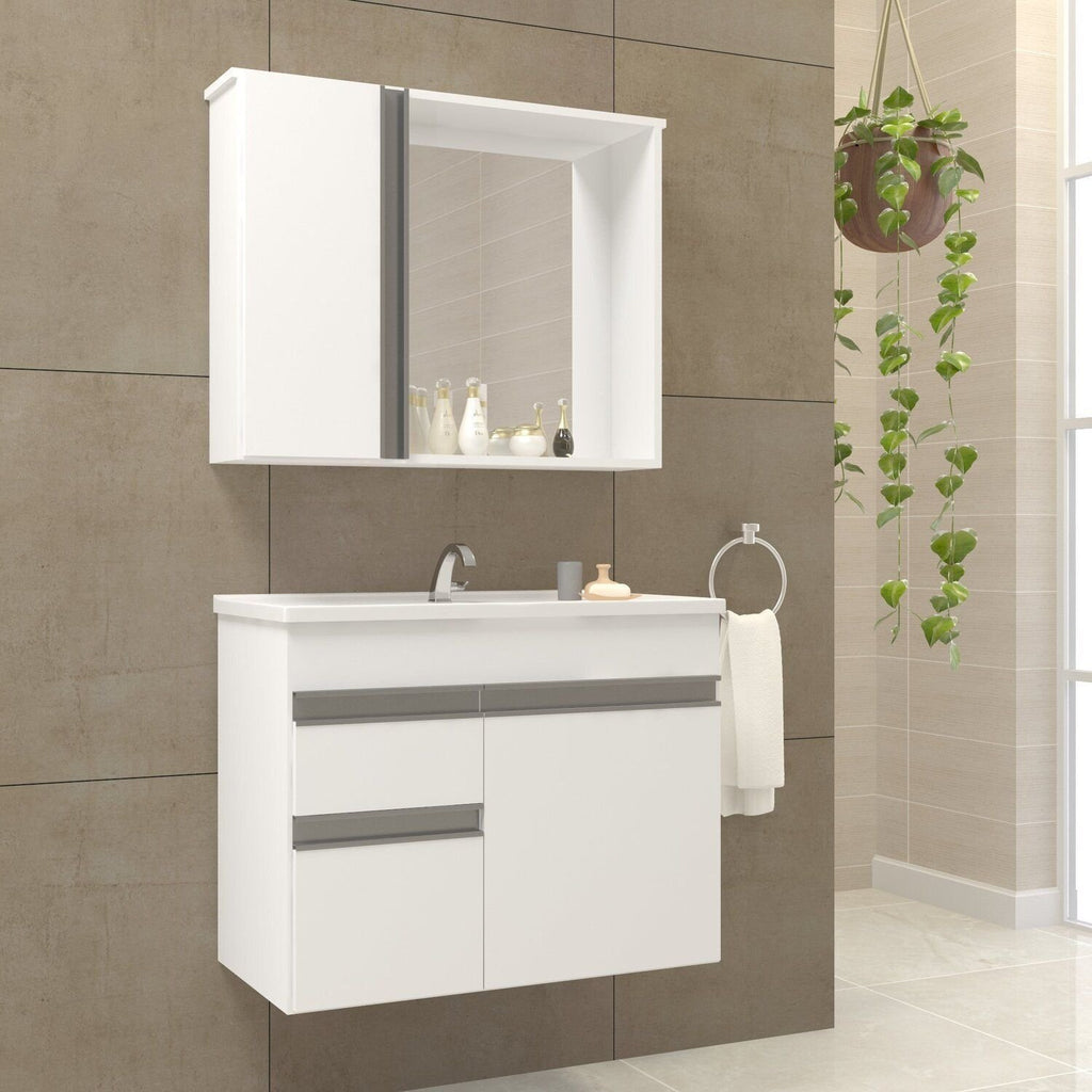 Conjunto Gabinete Suspenso com Cuba e Espelheira Napoli Arte Gabinetes 60cm Branco