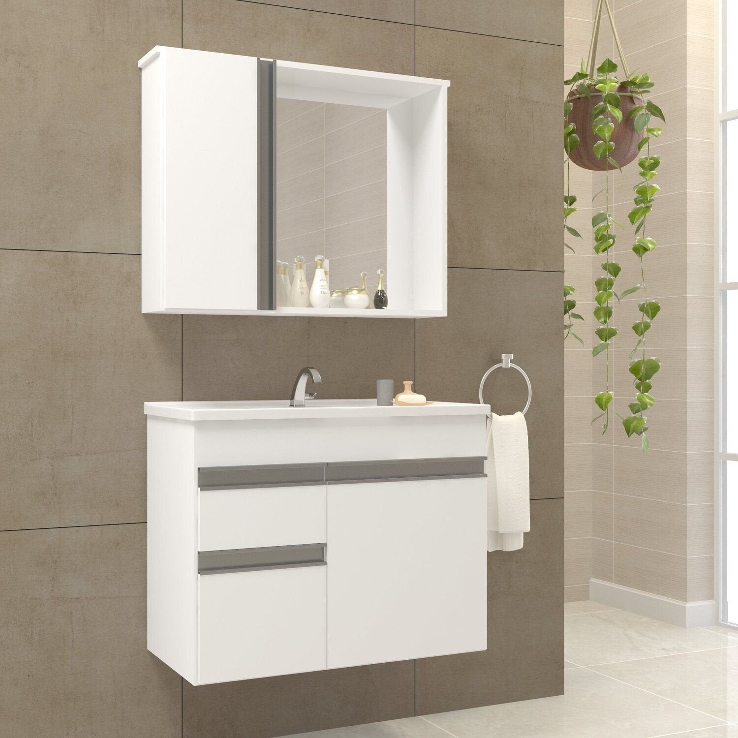 Conjunto Gabinete Suspenso com Cuba e Espelheira Napoli Arte Gabinetes 60cm Branco