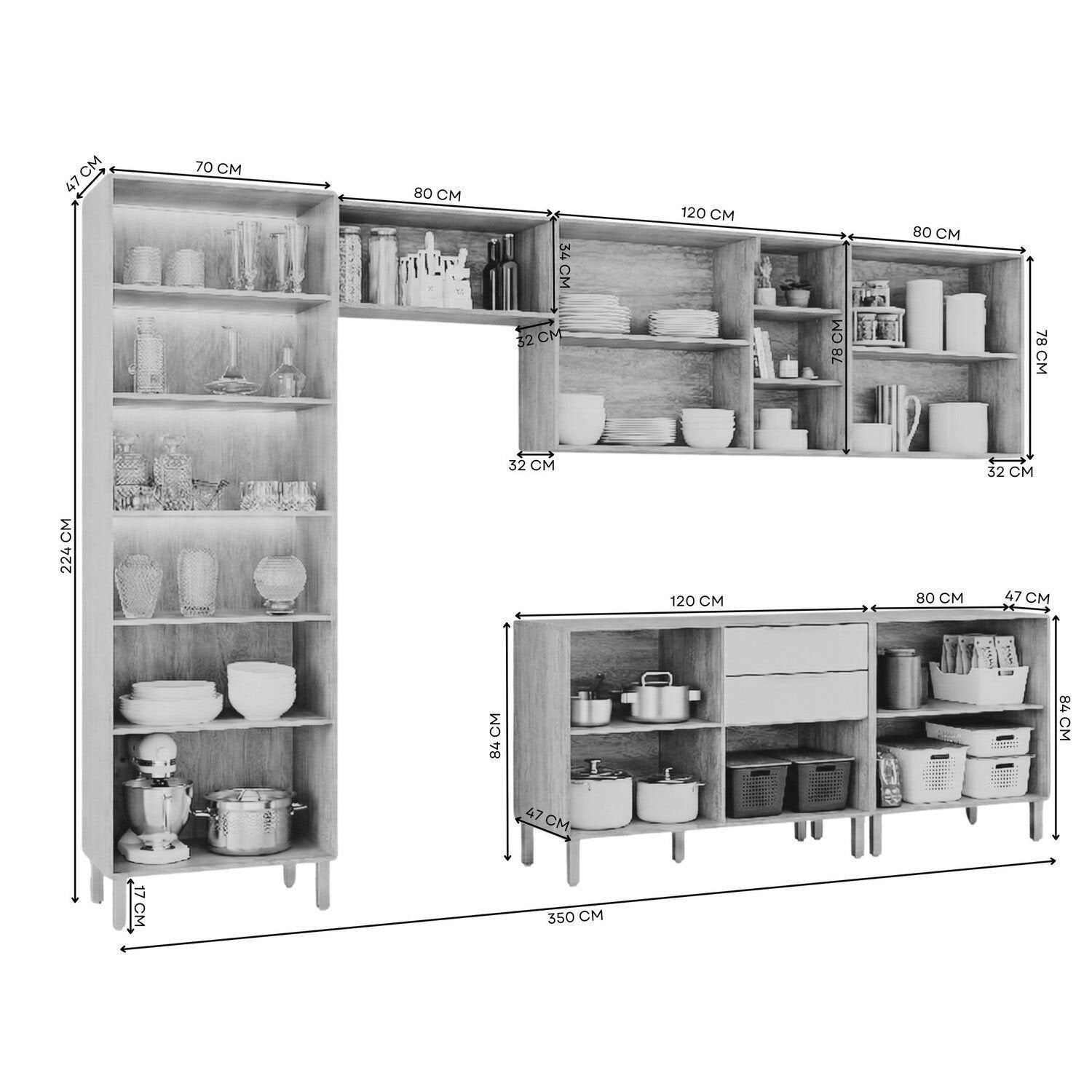 Cozinha Modulada 6 Peças Brilhante Cristaleira 2 Balcões 3 Armários Aéreos Bege/Cinamomo/Platina