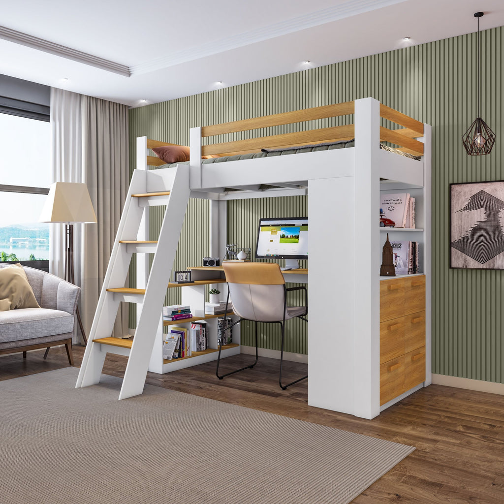 Cama Alta Beliche Office Adulto Multifuncional com 6 Gavetas Micenas Yescasa Branco/Freijó