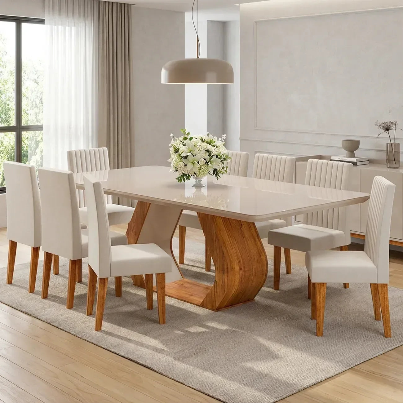 Conjunto Sala de Jantar Mesa Retangular Tampo Vidro e MDF com 8 Cadeiras Renova Yescasa