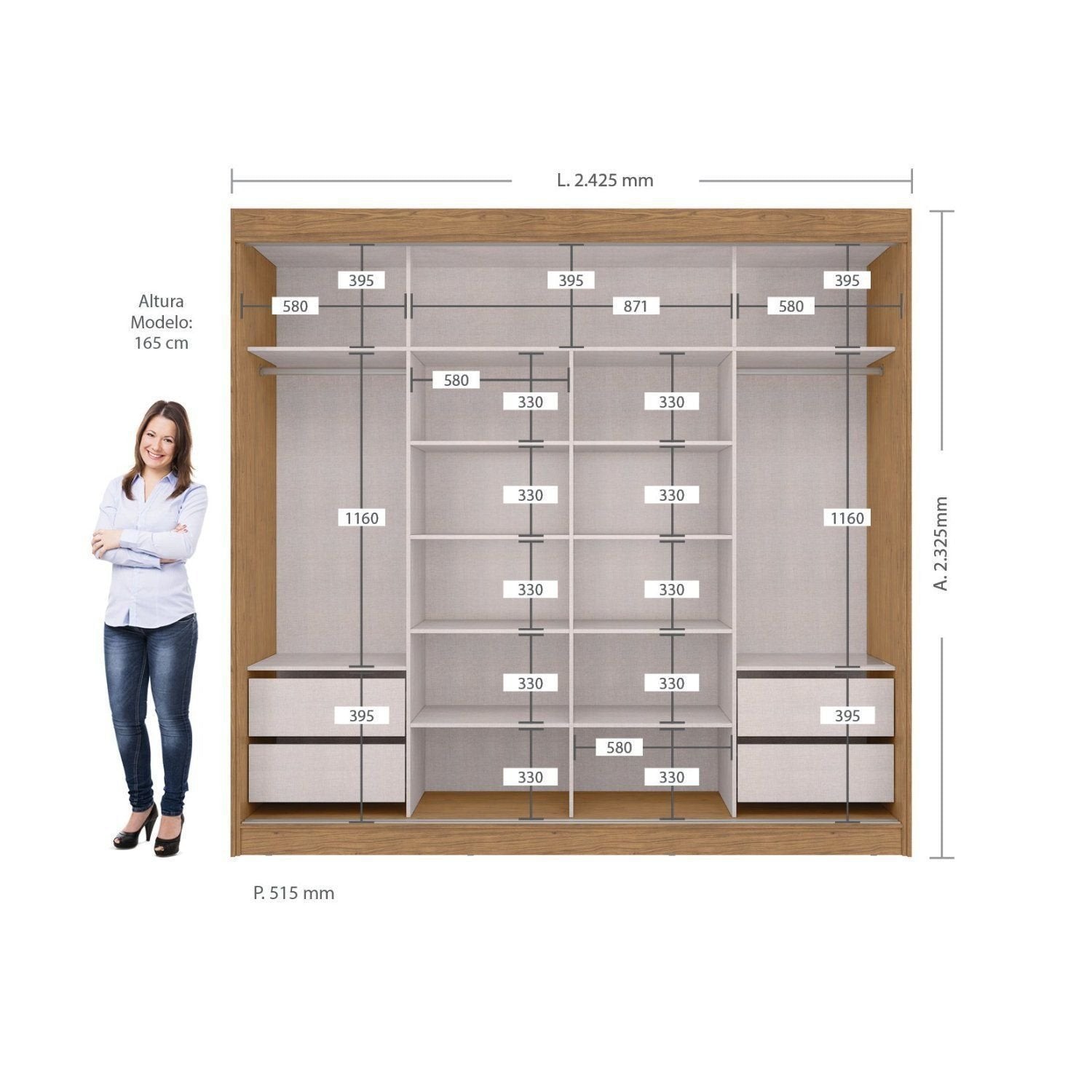Guarda-Roupa Casal 2 Portas de Correr 4 Gavetas Toquio Espresso Móveis 100% MDF Branco/Freijó/Off White