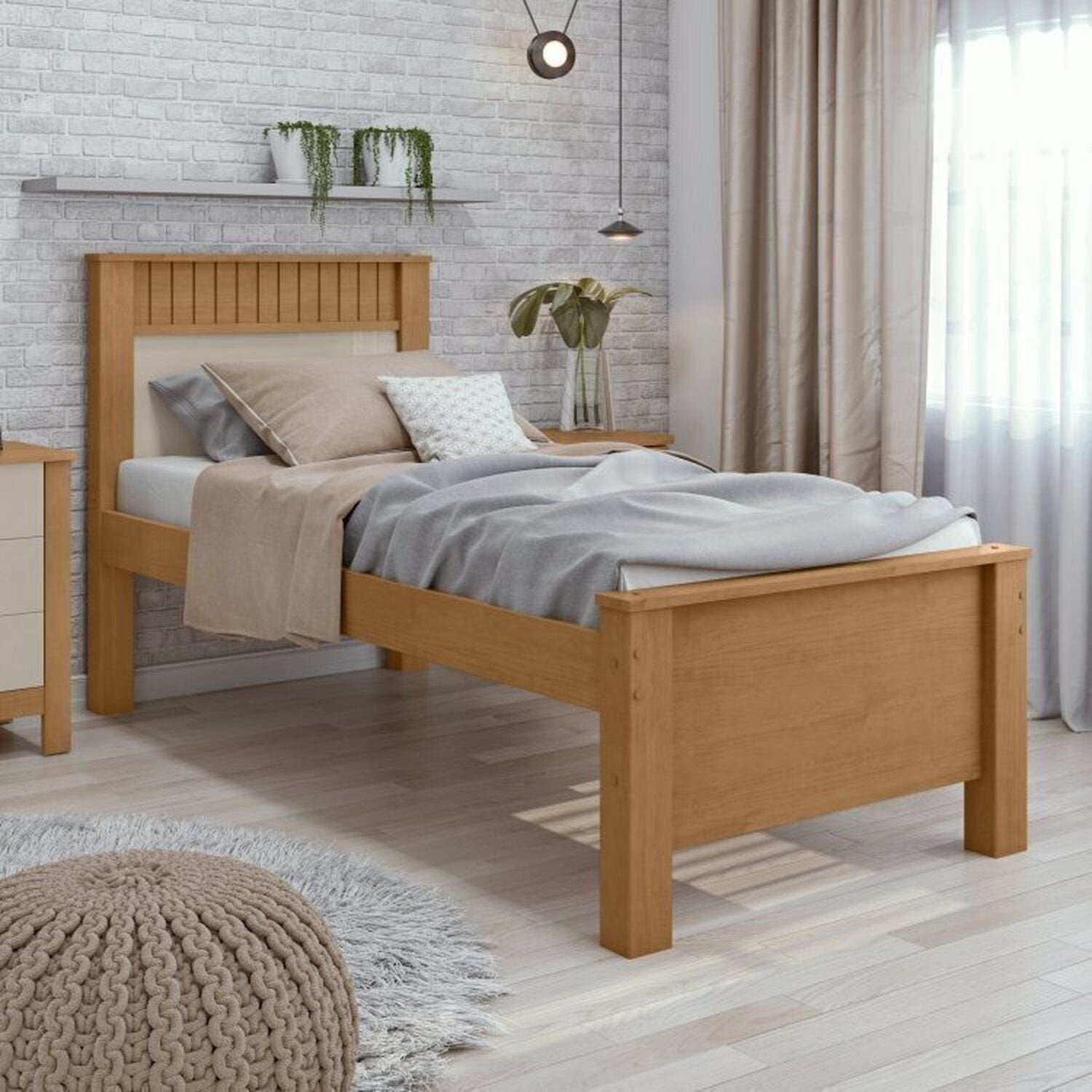 Kit Quarto Infantil 3 Peças com 2 Camas Solteiro e Mesa de Cabeceira Athenas Maggiore Amêndoa Clean