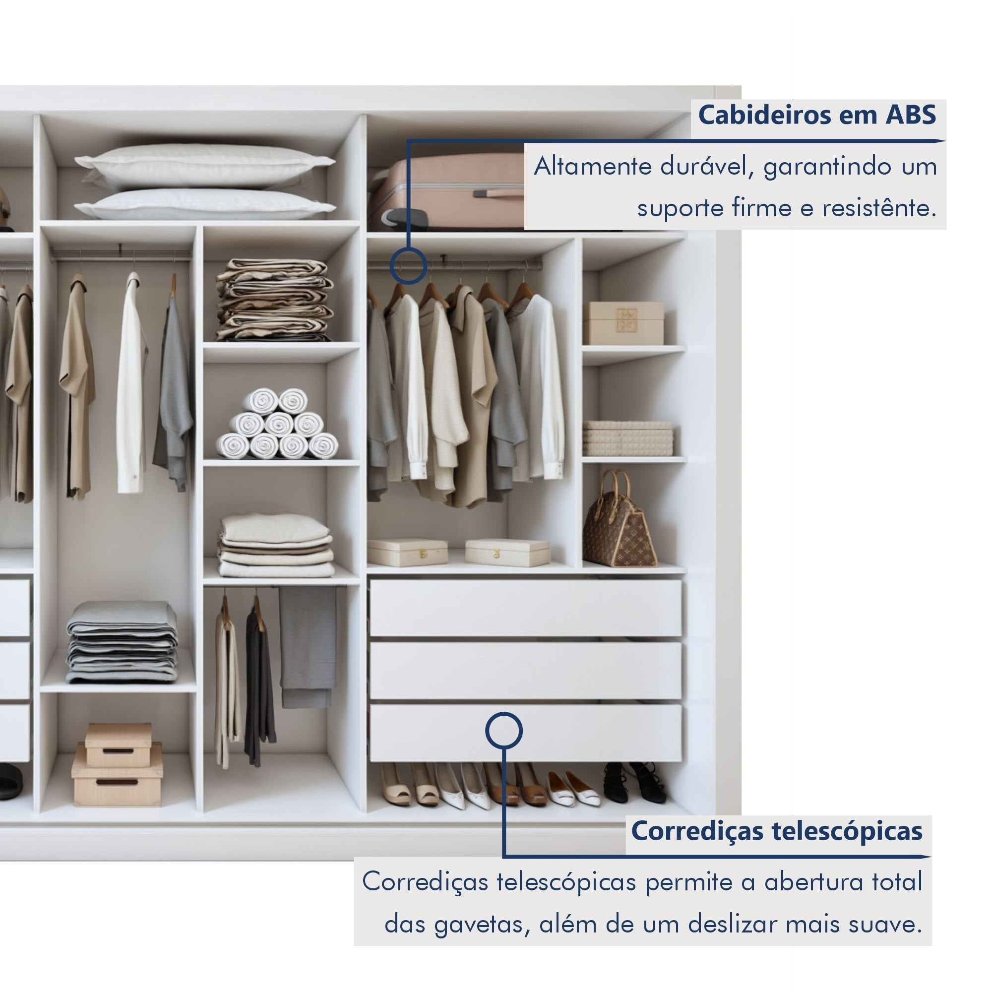 Guarda-Roupa Casal 3 Portas de Correr 6 Gavetas Premium Liv Yescasa MDP Branco