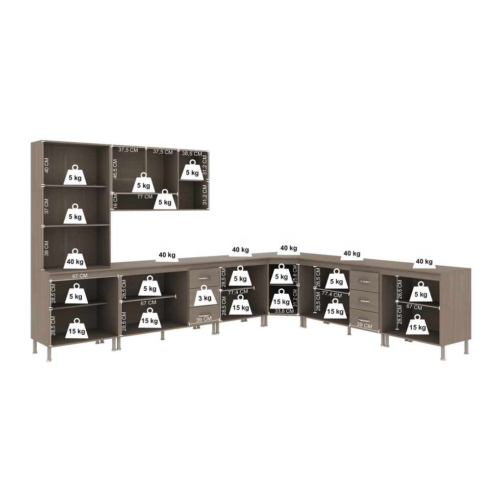 Armário de Cozinha Modulada Completa Fidelitá Paris 7 Peças 600cm 16 Portas 6 Gavetas com Tampo