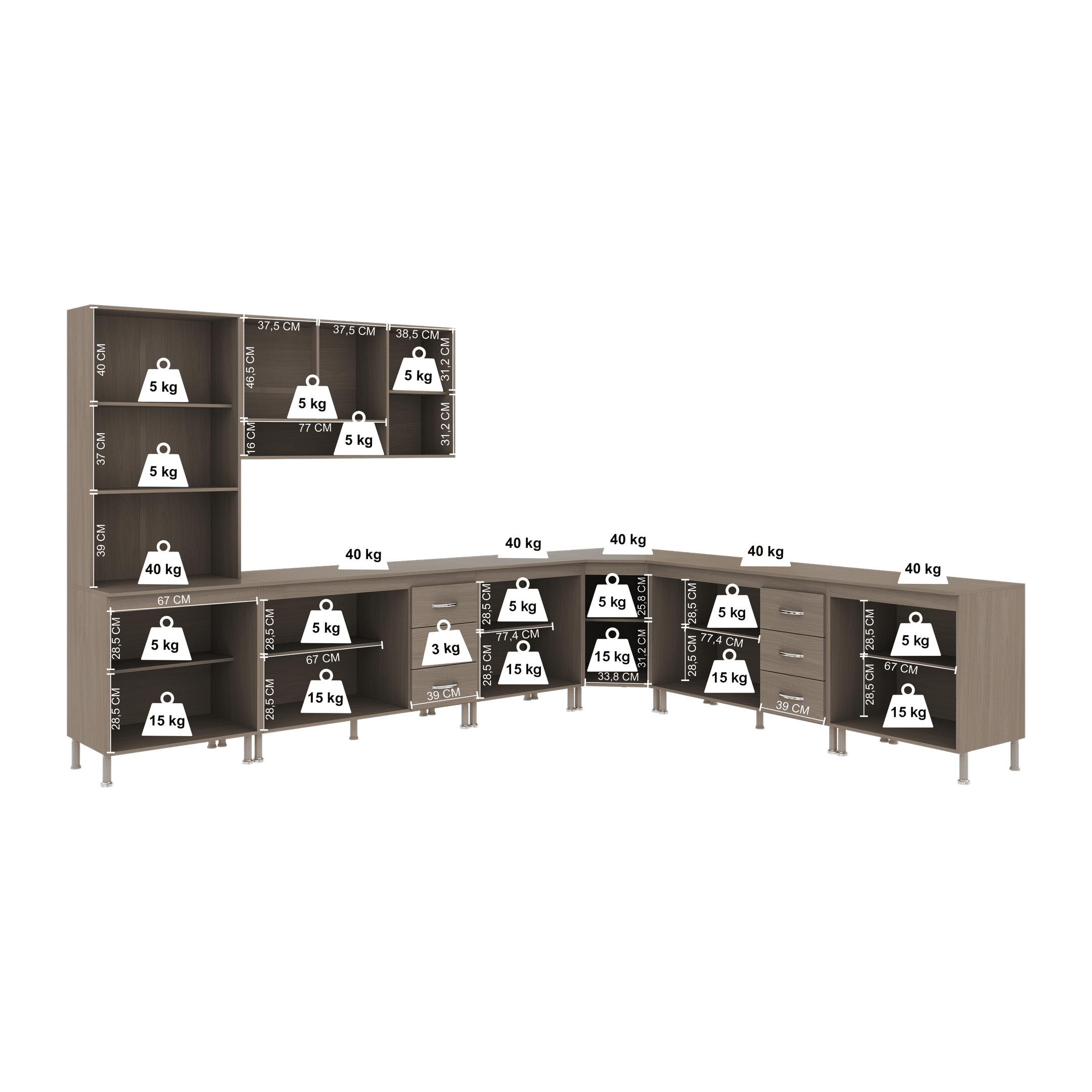 Armário de Cozinha Modulada Completa Fidelitá Paris 7 Peças 600cm 16 Portas 6 Gavetas com Tampo