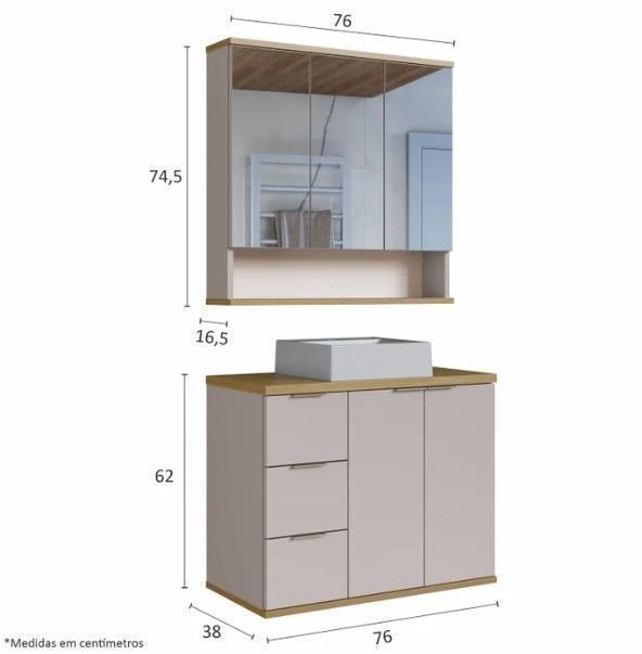 Conjunto para Banheiro Completo com Gabinete, Cuba e Espelheira York Estilare 76cm Bege/Nude