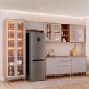 Cozinha Modulada 6 Peças Brilhante Cristaleira 2 Balcões 3 Armários Aéreos Bege/Cinamomo/Platina