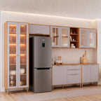 Cozinha Modulada 6 Peças Brilhante Cristaleira 2 Balcões 3 Armários Aéreos Bege/Cinamomo/Platina
