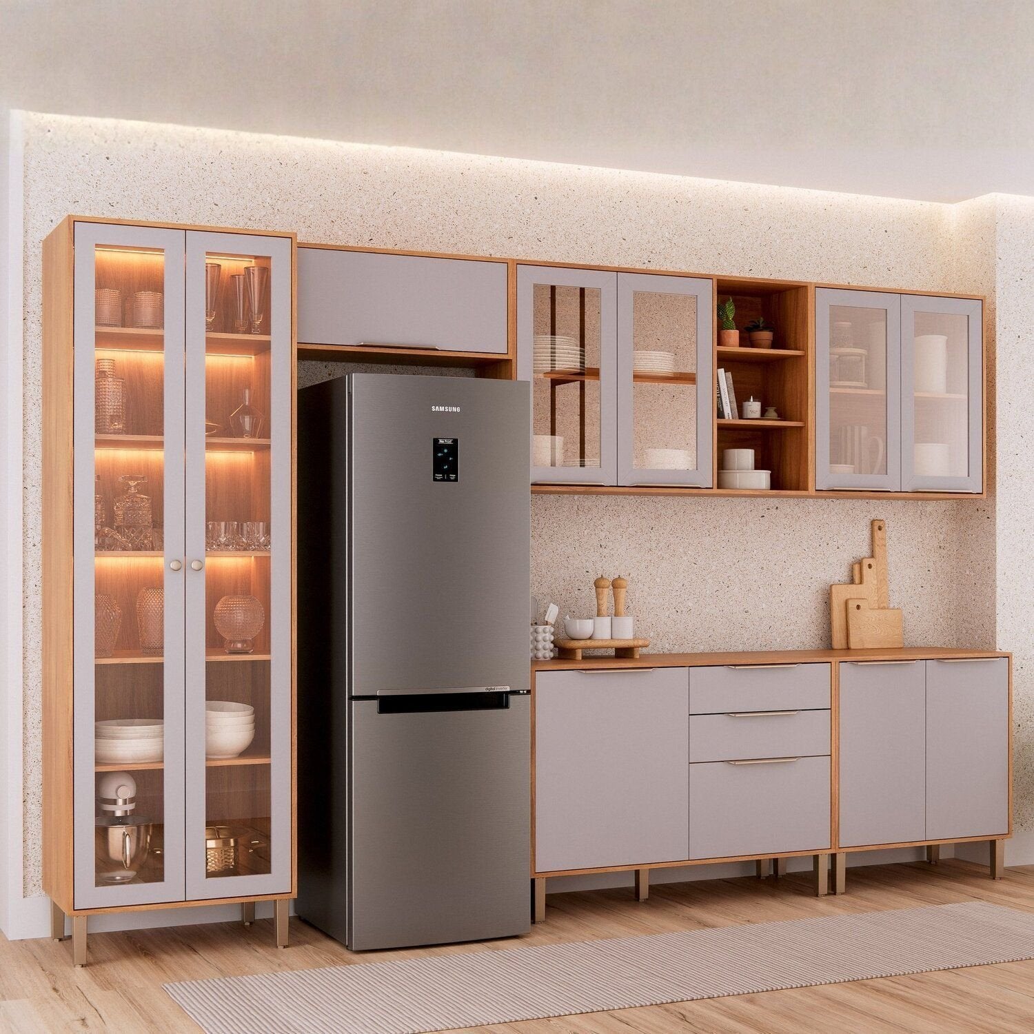 Cozinha Modulada 6 Peças Brilhante Cristaleira 2 Balcões 3 Armários Aéreos Bege/Cinamomo/Platina