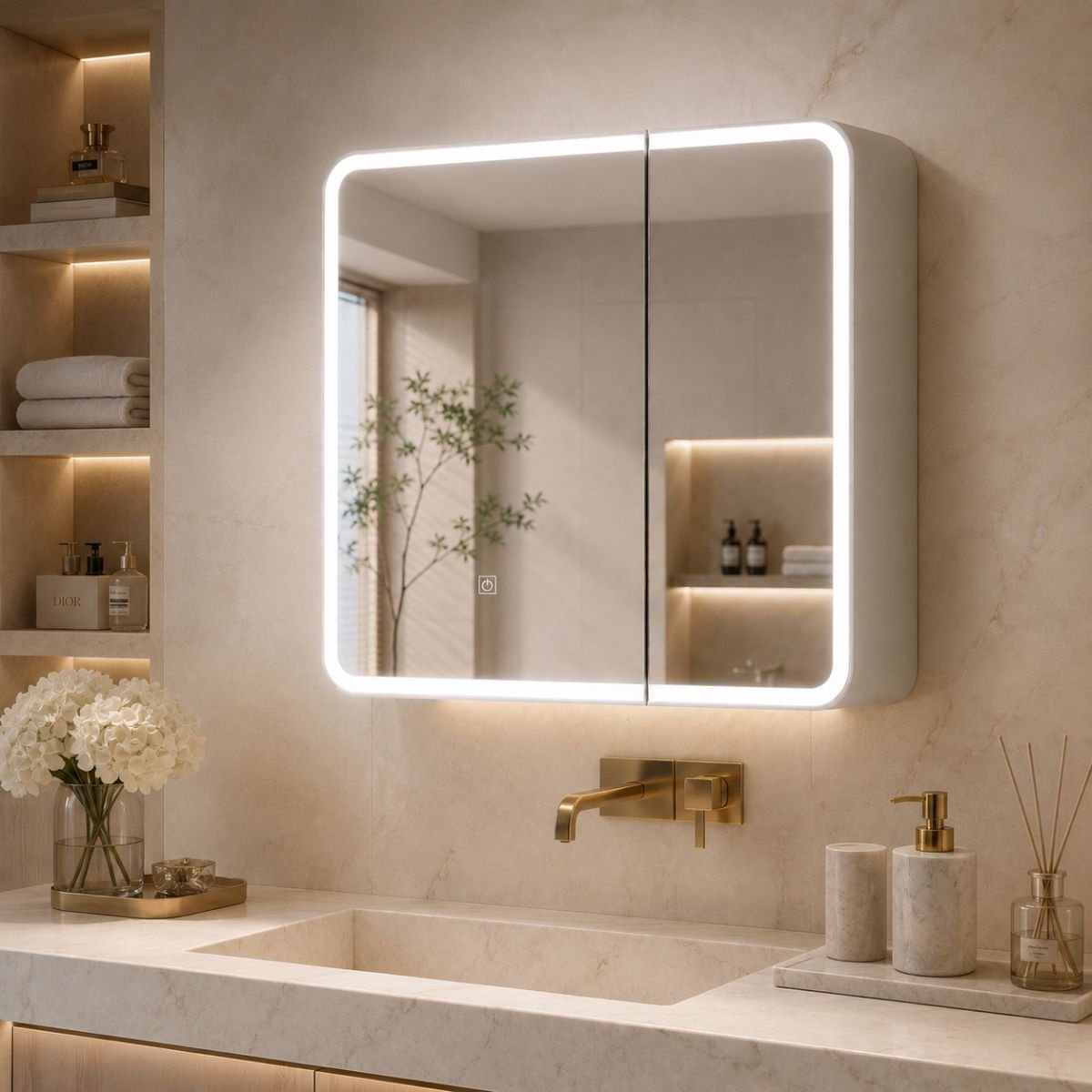Espelheira para Banheiro 2 Portas LED Touch Kyoto Brovália 68cm Resistente à Umidade