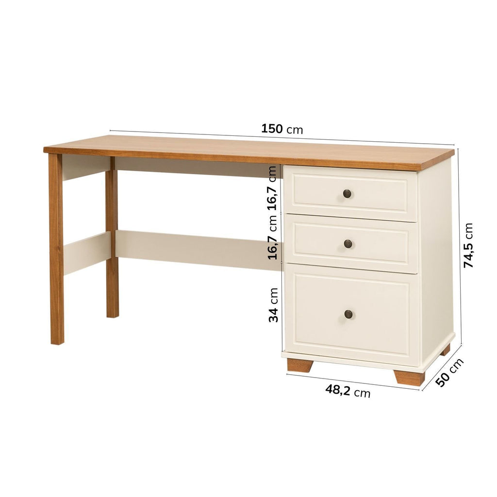 Escrivaninha Mesa Escritório Pinus Ananda 3 Gavetas 150cm CabeCasa MadeiraOriginals Off-White e Mel Marrom