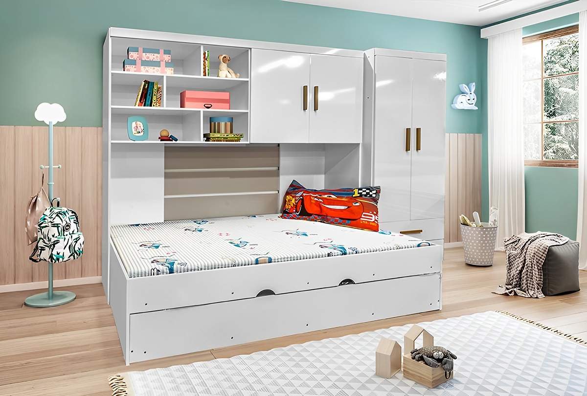 Quarto Infantil Chiara 4 Peças Roupeiro 2 Portas Módulo Aéreo Cama com Auxiliar Branco Phoenix Baby