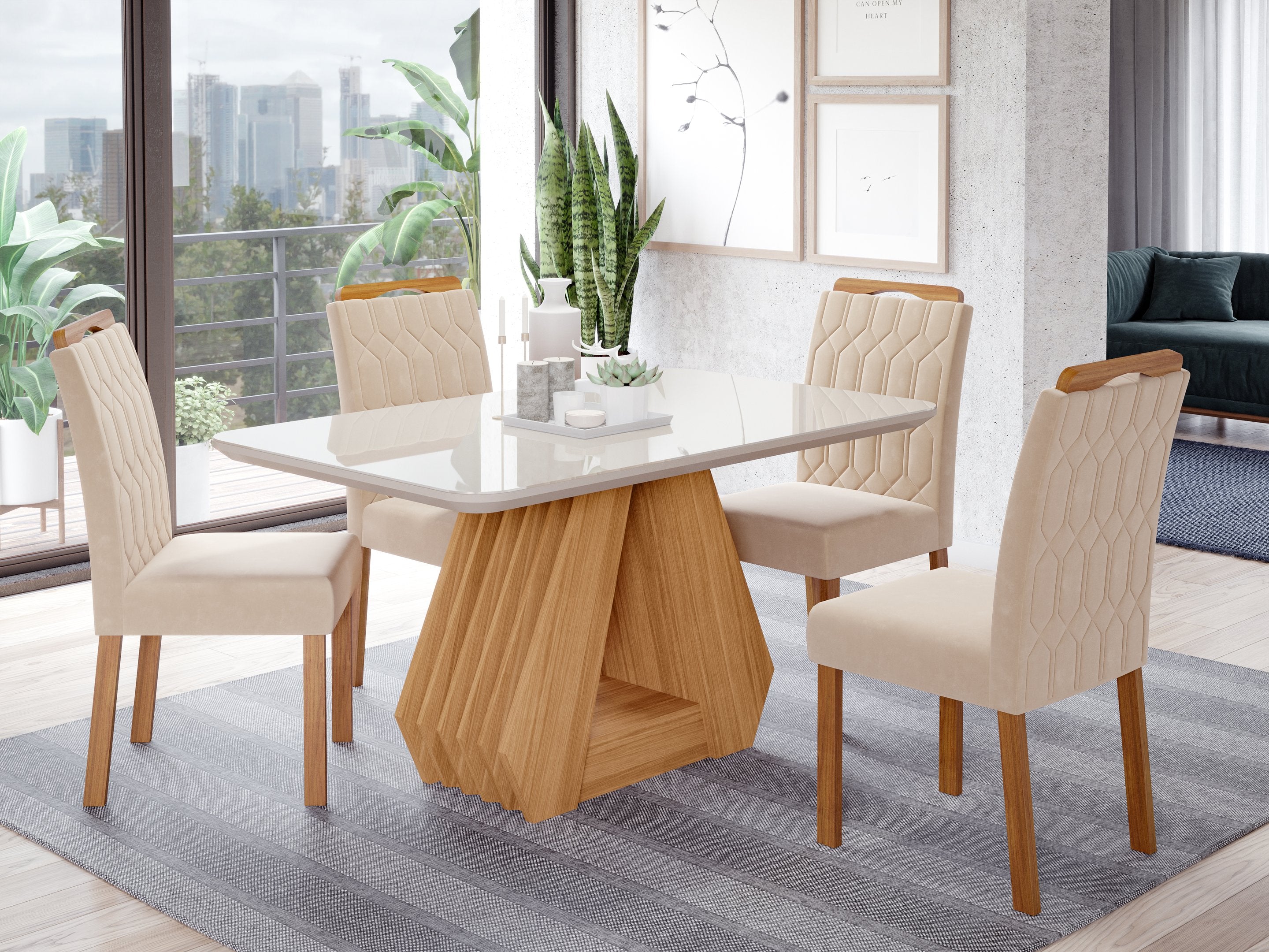 Conjunto Sala de Jantar Mesa Retangular Tampo Vidro/MDF Agata com 4 Cadeiras Paola Marrom Cimol