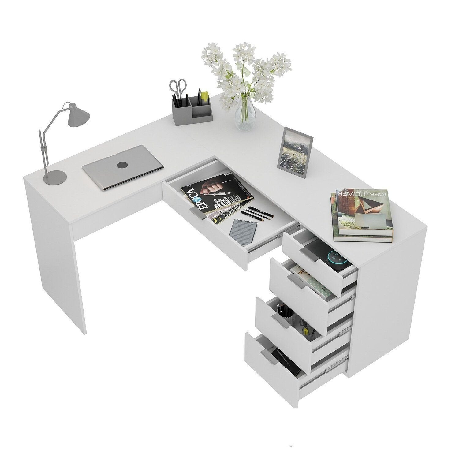 Escrivaninha em L com Mesa Escritório 5 Gavetas 152cm Branco Foscarini