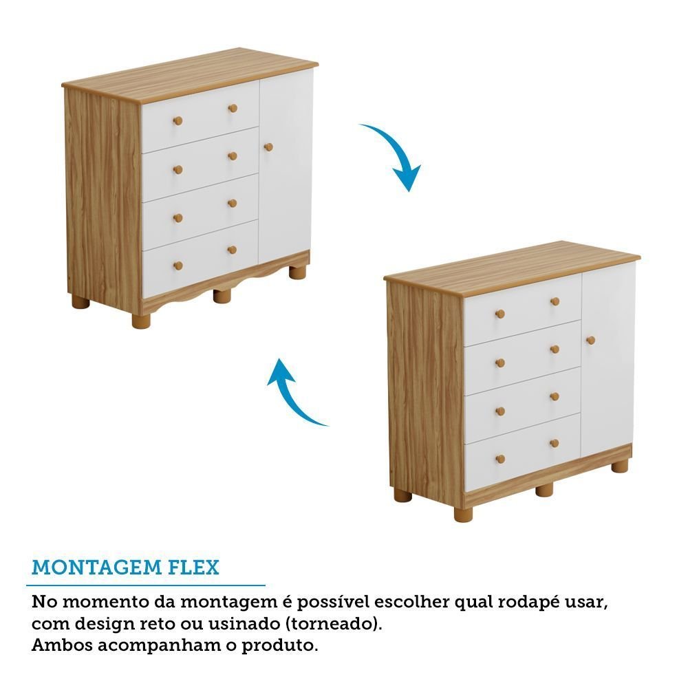 Cômoda Infantil 1 Porta 4 Gavetas 100% MDF Mimo Espresso Móveis Branco Brilho/Amêndoa