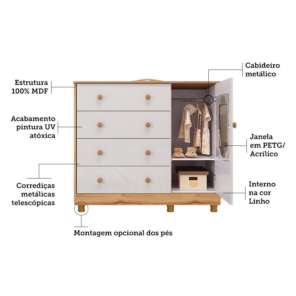 Cômoda de Bebê 120,3cm 1 Porta com Janela e 4 Gavetas Maya Provençal Yescasa Branco/Brilho/Amêndoa