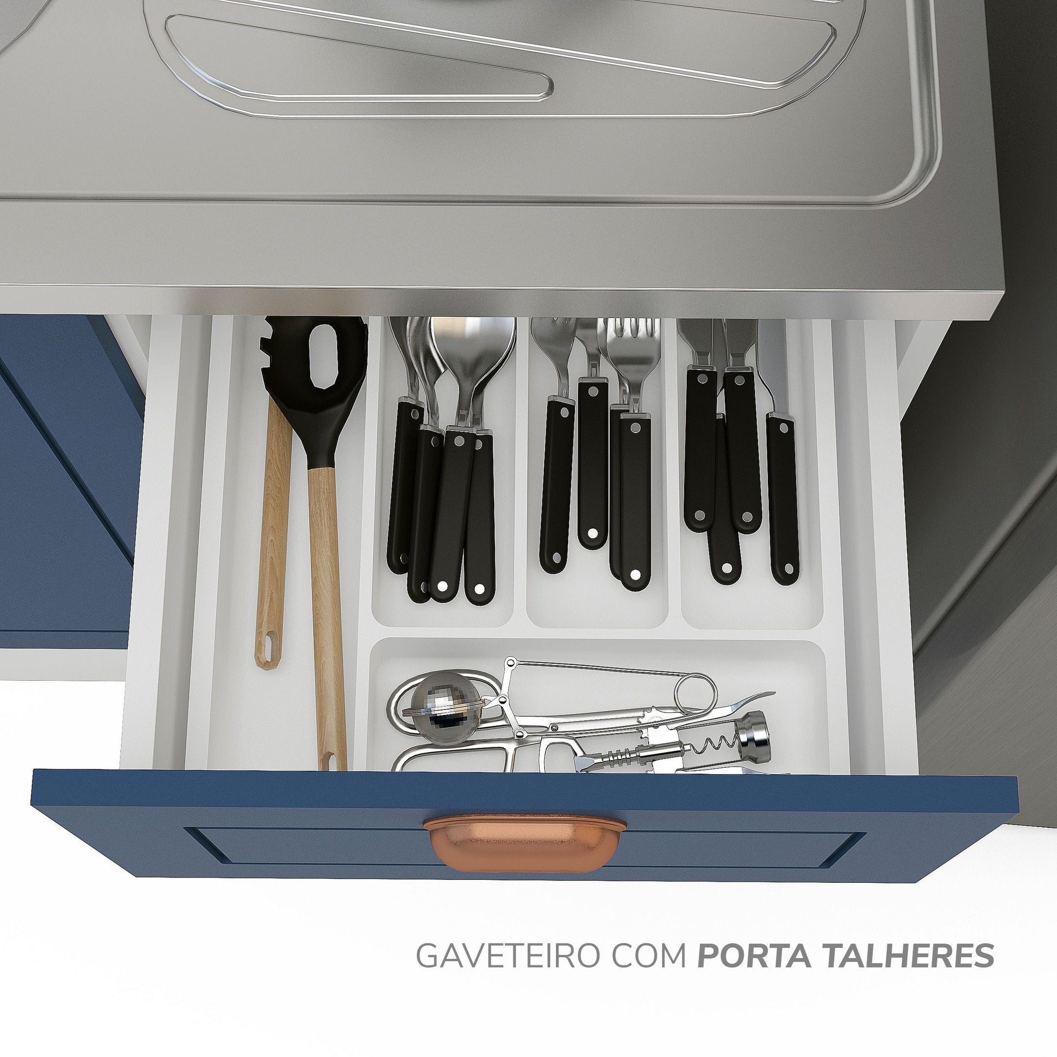 Balcão de Cozinha 2 Portas 3 Gavetas 120cm Pérola Yescasa Branco/Azul