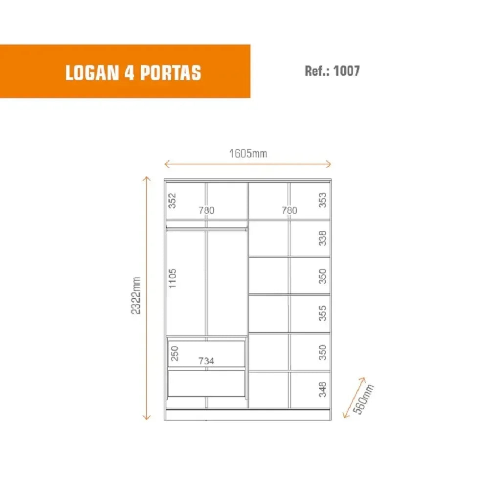 Guarda-Roupa Casal 4 Portas 2 Gavetas Logan Yescasa 100% MDF Branco/Olmo Italiano