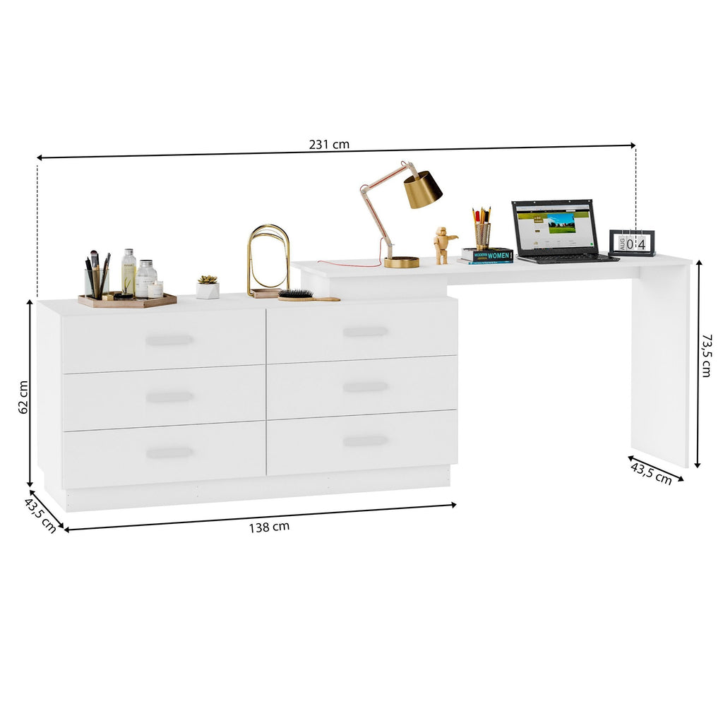 Escrivaninha Mesa Escritório em L com Cômoda Leonie 6 Gavetas 138cm Yescasa