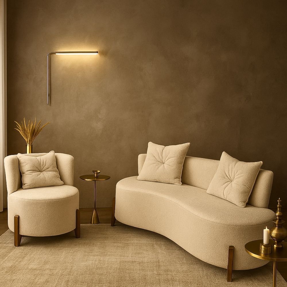 Conjunto Gaia Sofá e Poltrona Curva Orgânica Veludo Bege MD Montanaris Decor