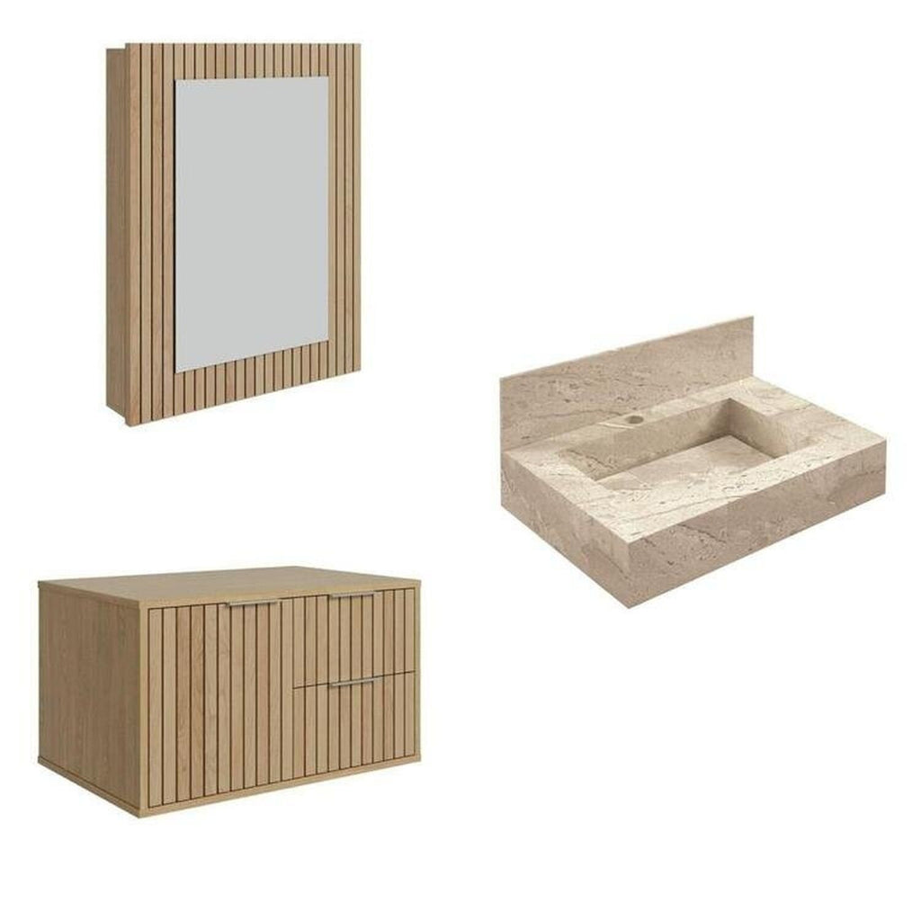 Conjunto para Banheiro Bancada em Porcelanato com Cuba Esculpida, Armário e Espelheira Ripy Bumi 60cm Amarelo/Wood