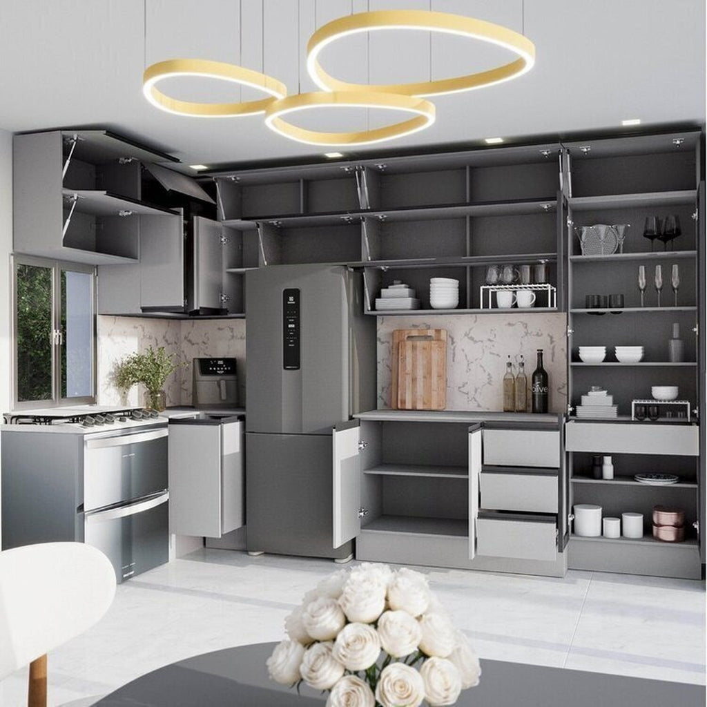 Cozinha Modulada Nara CabeCasa MadeiraOriginals 15 Peças 11 Aéreos 3 Balcões 1 Cristaleira Cinza