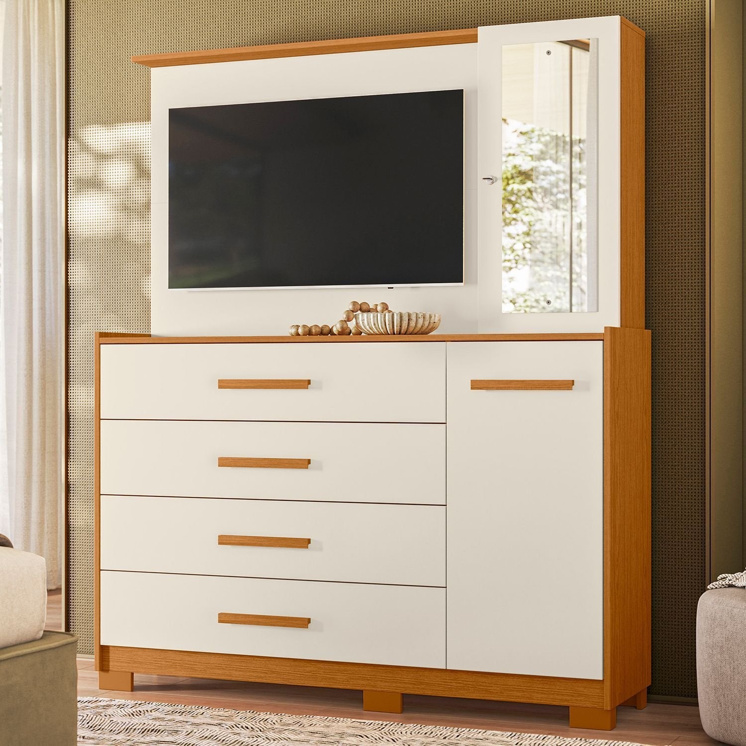 Cômoda com Painel TV 43" 4 Gavetas 2 Portas e Espelho Dunas Espresso Móveis Marrom/Cinamomo/Off White